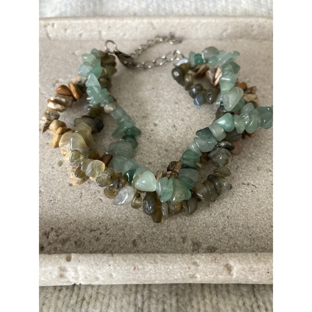 Natural Stone Chip Bead Bracelet Multi Strand Green Brown Semi Precious Gemstone